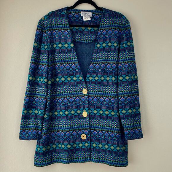 Vintage Sweaters - Vintage Lady Carol Knit Cardigan Sweater Geo Print Long Jewel Tones Gold Button